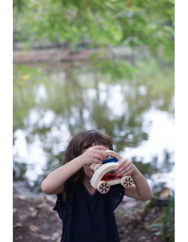 Cotxe de fusta amb aigua de color groc