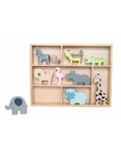 Animales de safari con estantería Jabadabado | Figuras de madera